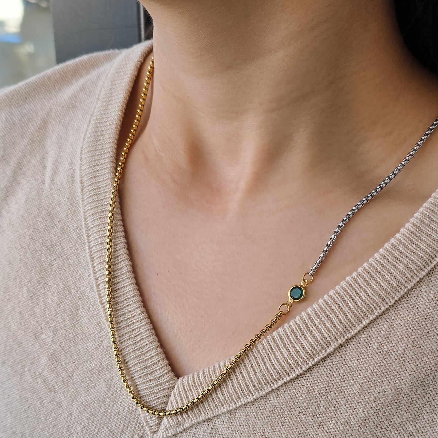 Wicked - Green Zirconia Two Tone Chain Gold Plated Stainless Steel Necklace