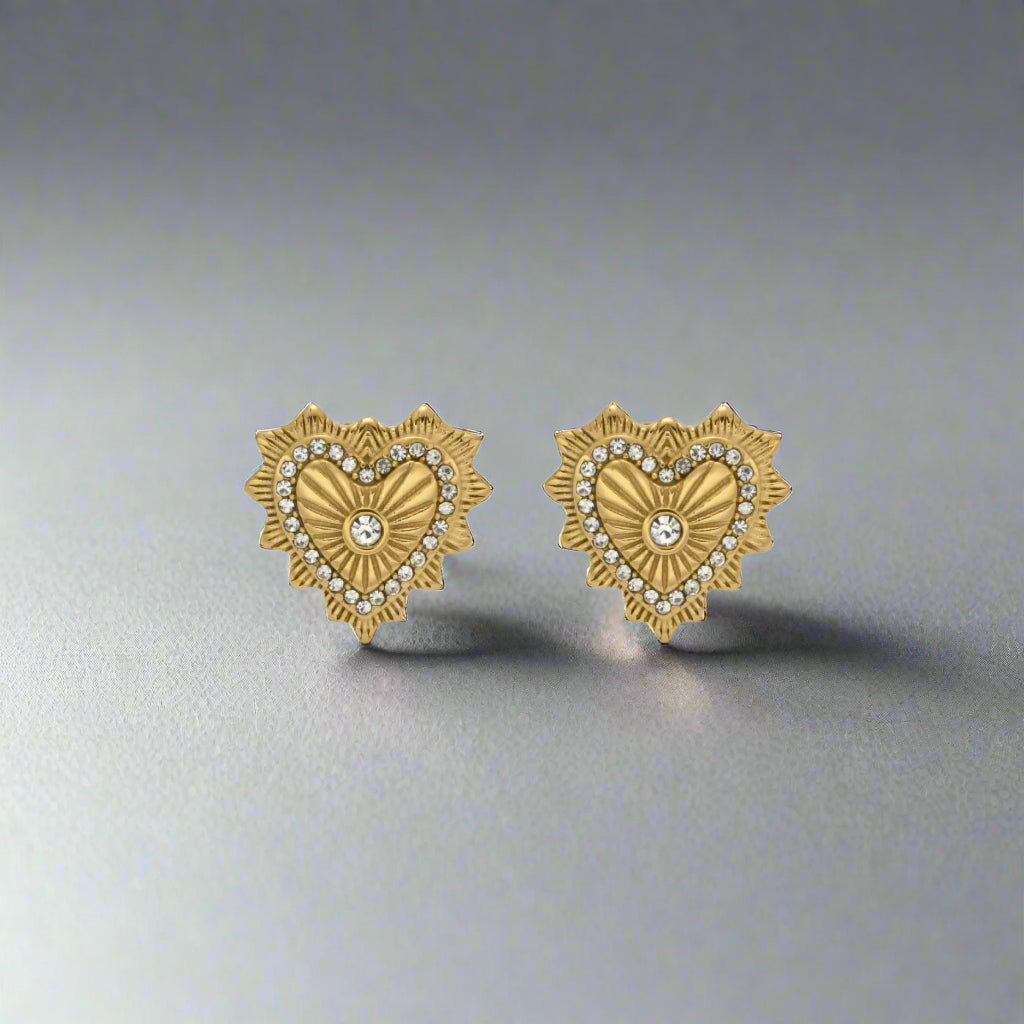Heartfelt - Heart Zirconia Stainless Steel Gold Plated Stud Earrings