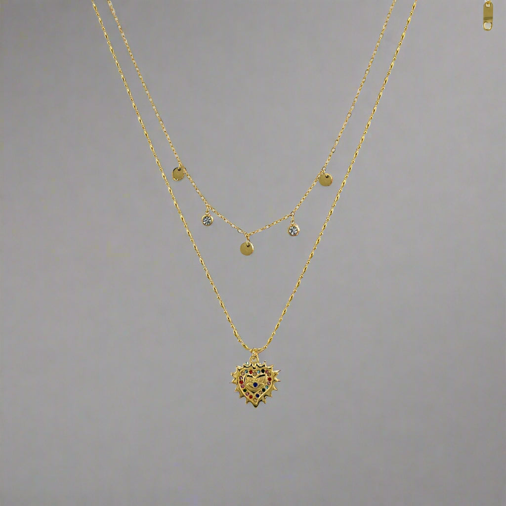 Lucky Heart- Double Chain Zirconia Gold-Plated Stainless Steel Necklace