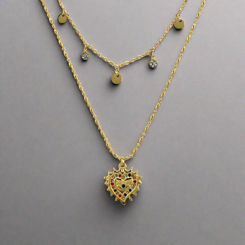 Lucky Heart- Double Chain Zirconia Gold-Plated Stainless Steel Necklace