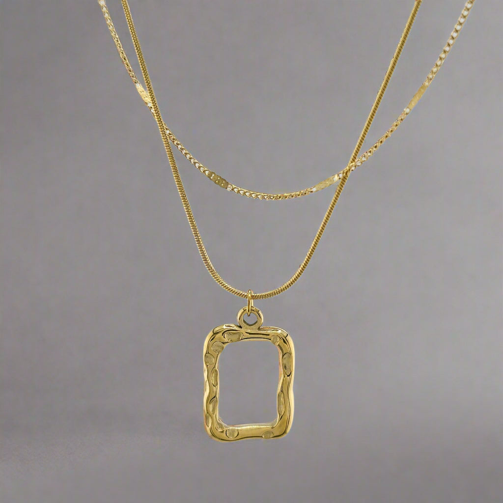 Portrait - Square & Double Chain Gold-Plated Stainless Steel Accent Necklace