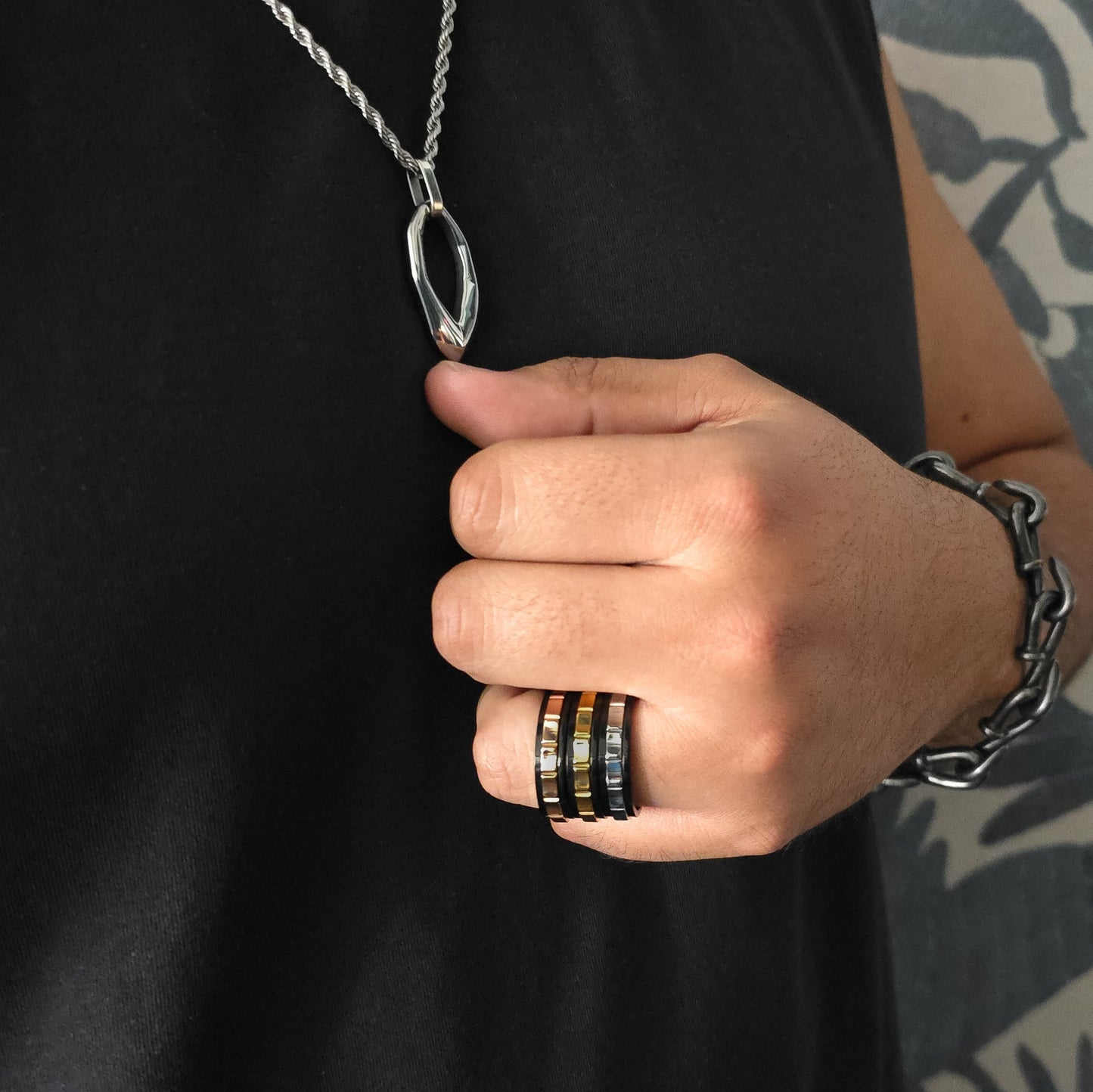 Duke - Two Tone Spinner Stainlees Steel Gold Plated Band Ring