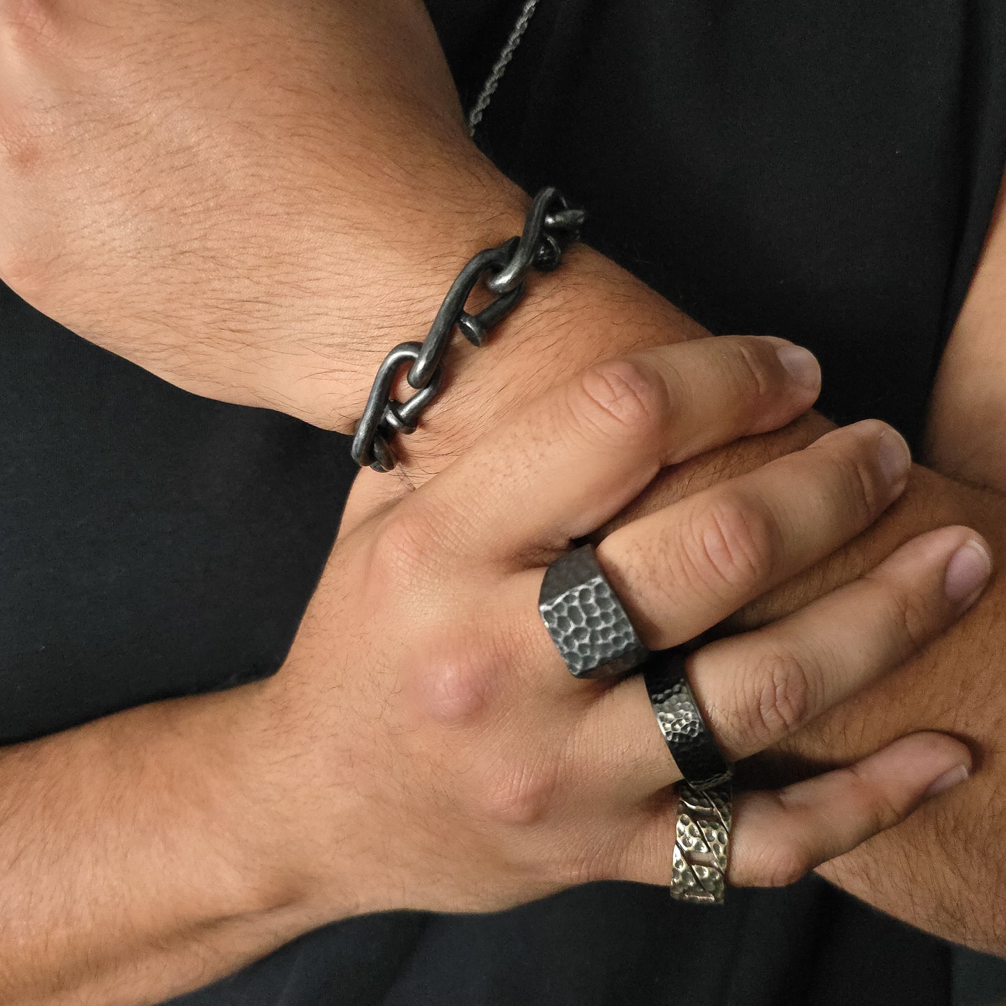 Hades - Hammered Damascus Vintage Stainless Steel Band Ring