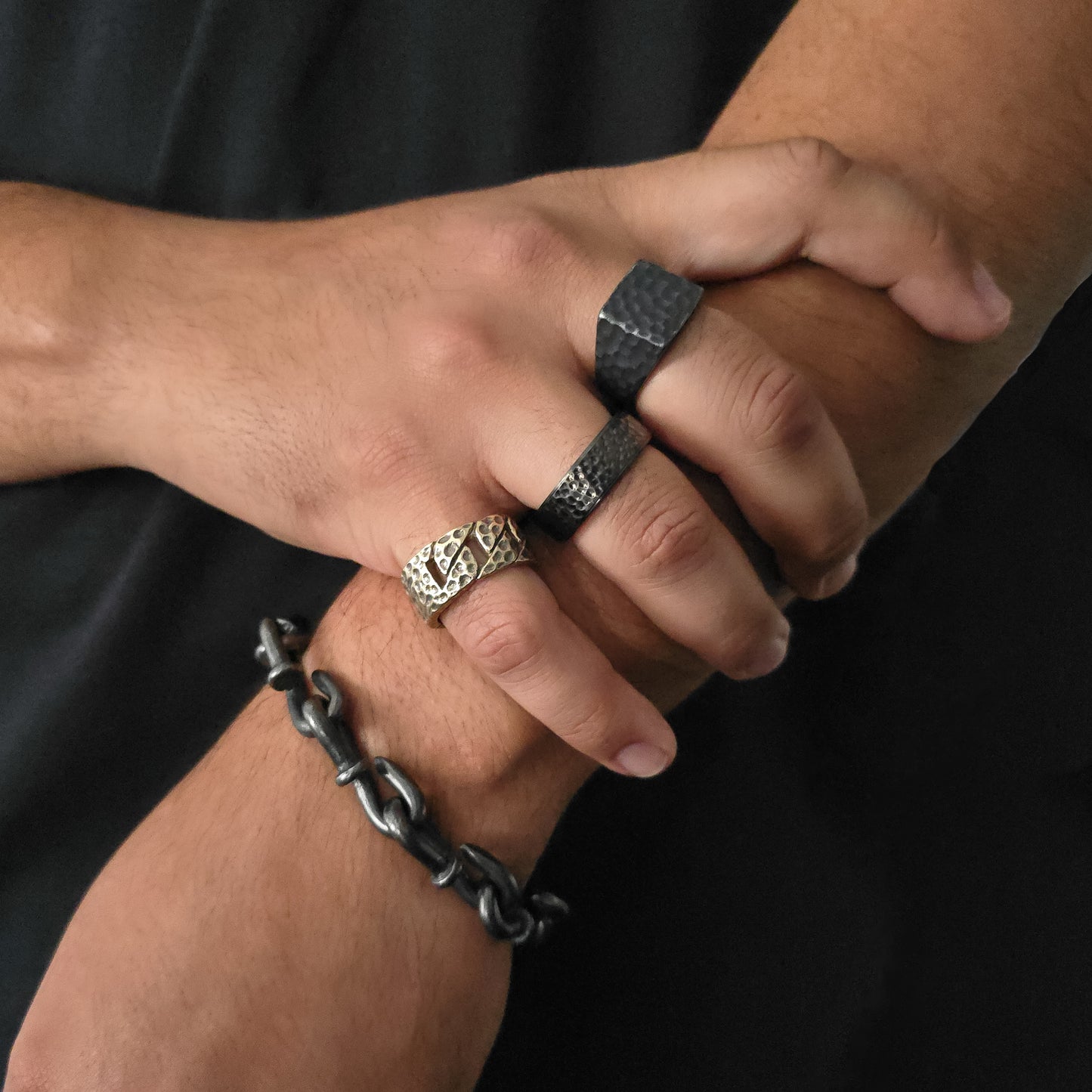 Hades - Hammered Damascus Vintage Stainless Steel Band Ring