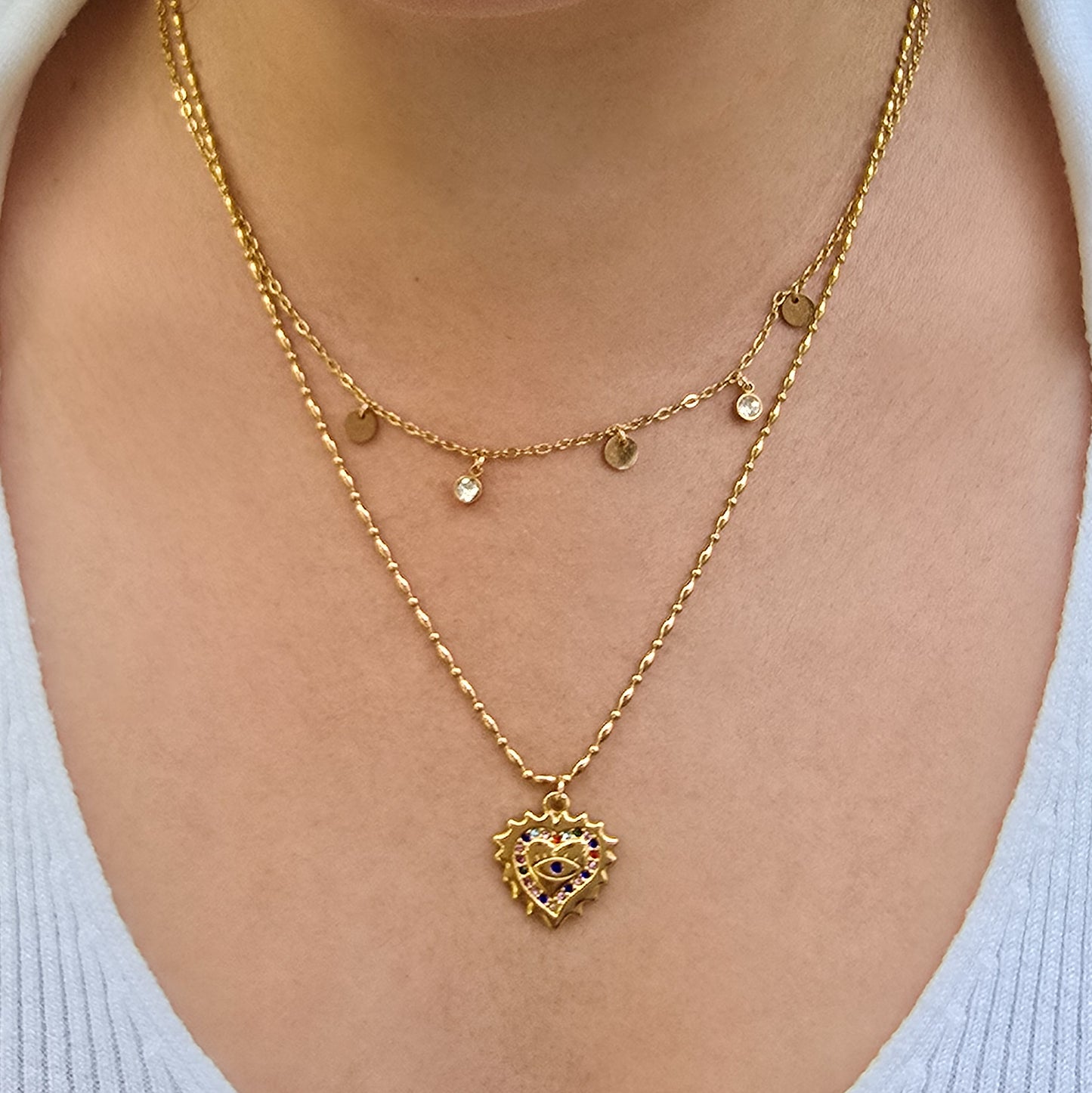 Lucky Heart- Double Chain Zirconia Gold-Plated Stainless Steel Necklace