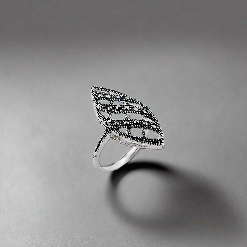 oval pointed shape silver ring with a spiral of marcasite stone