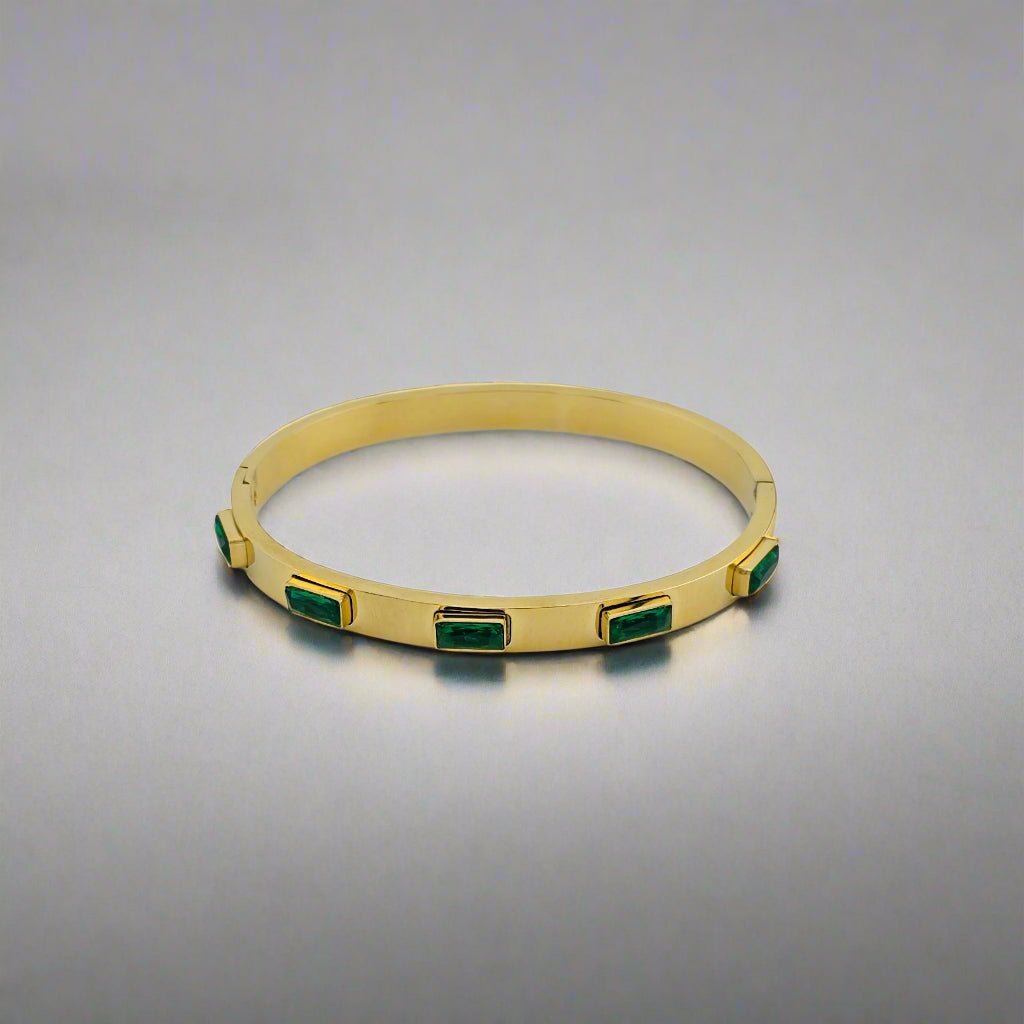 Crown Emerald - Cubic Zirconia Bangle Gold Plated Stainless Steel Bracelet
