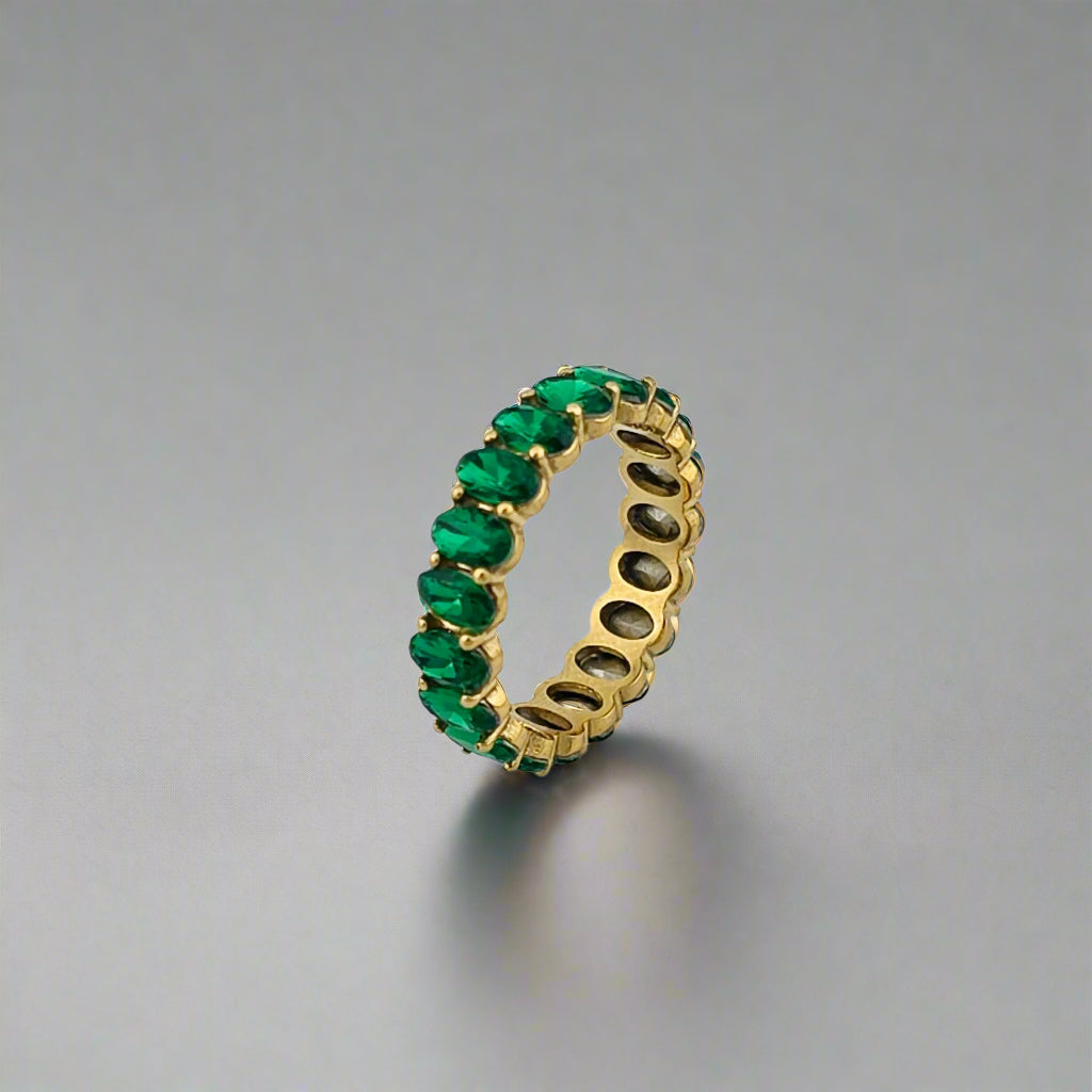 Crown Emerald - Dainty Green Zirconia Stainless Steel Gold Plated Eternity Ring