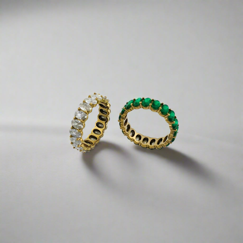 Crown Emerald And Clear - Dainty Green And Clear Zirconia Stainless Steel Gold Plated Eternity Ring