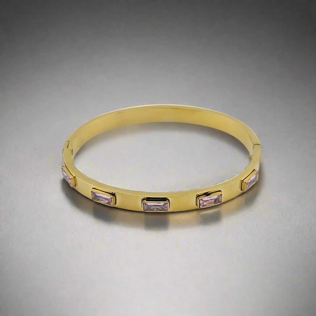 Crown Rose - Cubic Zirconia Bangle Gold Plated Stainless Steel Bracelet