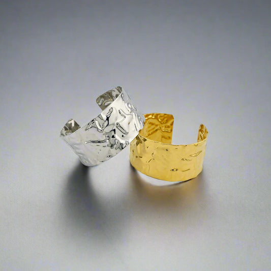 Crumple - Hammered Chunky Band Stainless Steel Gold Plated Cuff Bracelet