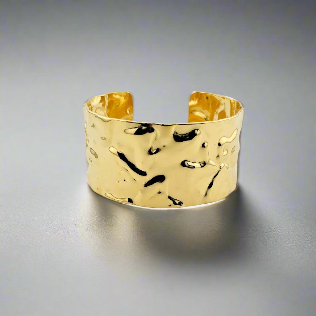 Crumple - Hammered Chunky Band Stainless Steel Gold Plated Cuff Bracelet
