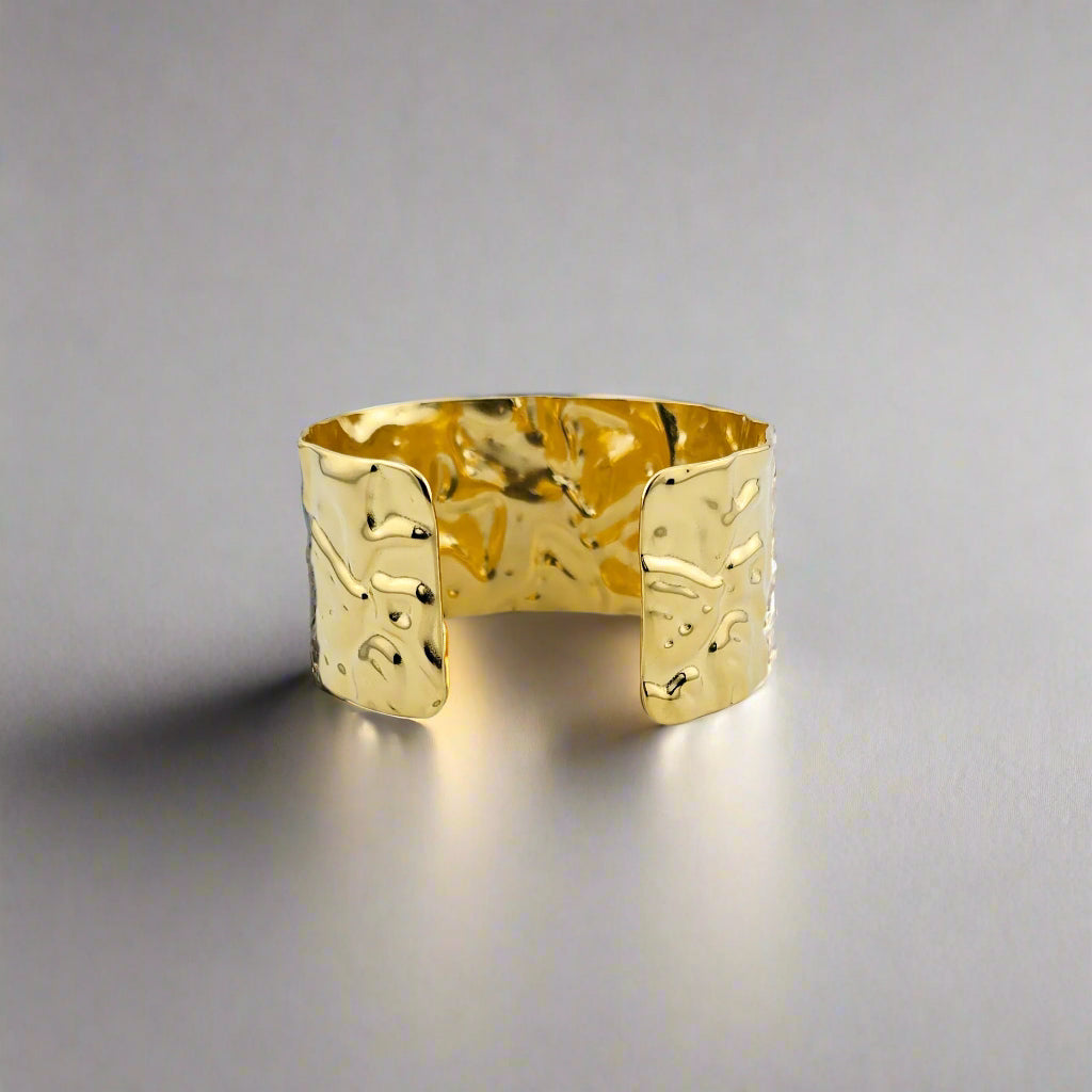 Crumple - Hammered Chunky Band Stainless Steel Gold Plated Cuff Bracelet
