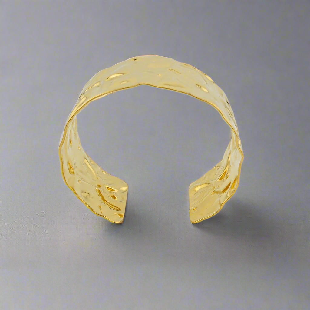 Crumple - Hammered Chunky Band Stainless Steel Gold Plated Cuff Bracelet