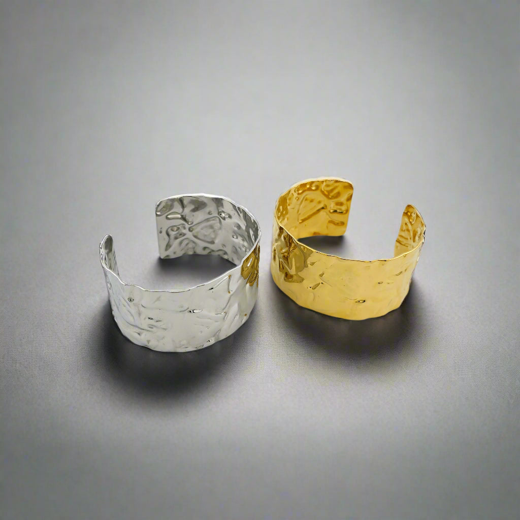 Crumple - Hammered Chunky Band Stainless Steel and gold plated Cuff Bracelet 