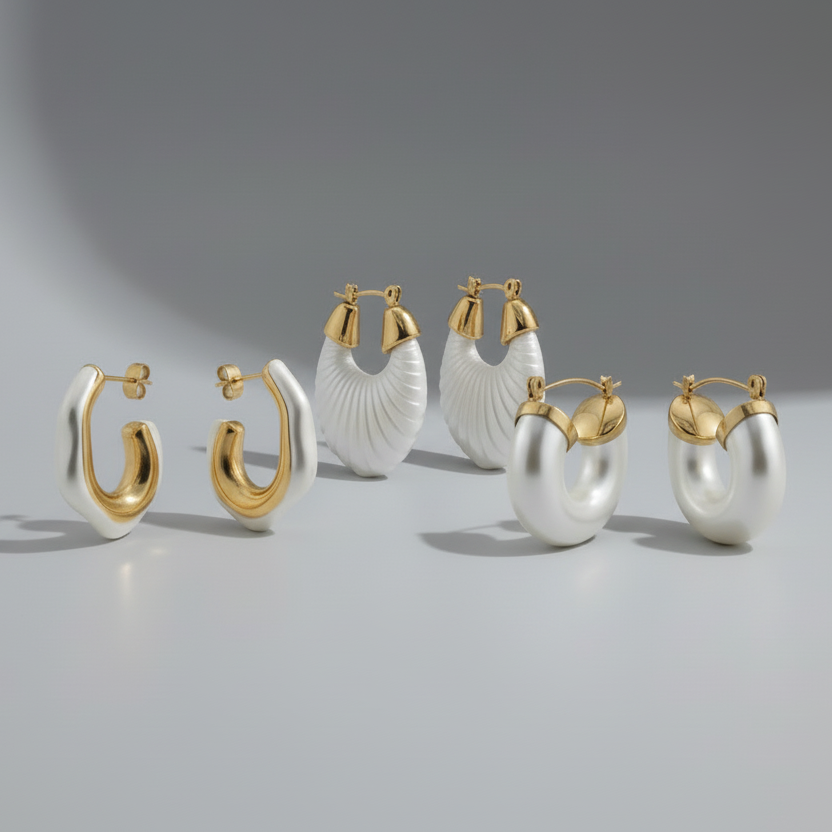 Set of gold and white hoop earrings on a gray background