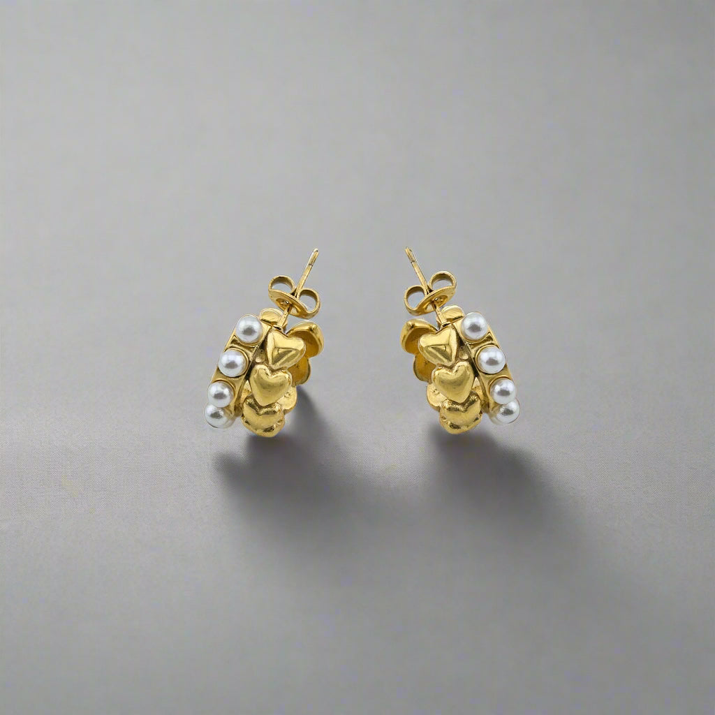 Hearty Pearls - Double Layer Gold-Plated Stainless Steel Stud Earrings