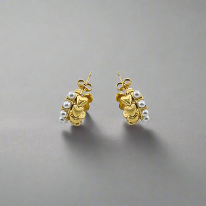 Hearty Pearls - Double Layer Gold-Plated Stainless Steel Stud Earrings