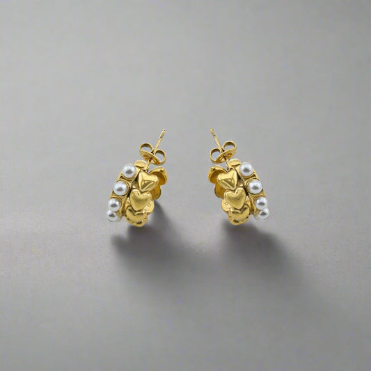 Hearty Pearls - Double Layer Gold-Plated Stainless Steel Stud Earrings