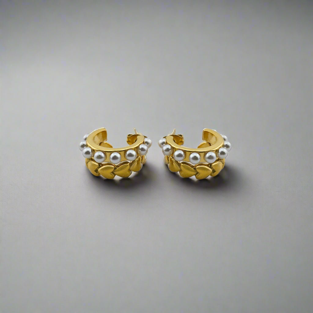 Hearty Pearls - Double Layer Gold-Plated Stainless Steel Stud Earrings