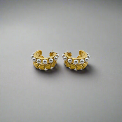 Hearty Pearls - Double Layer Gold-Plated Stainless Steel Stud Earrings