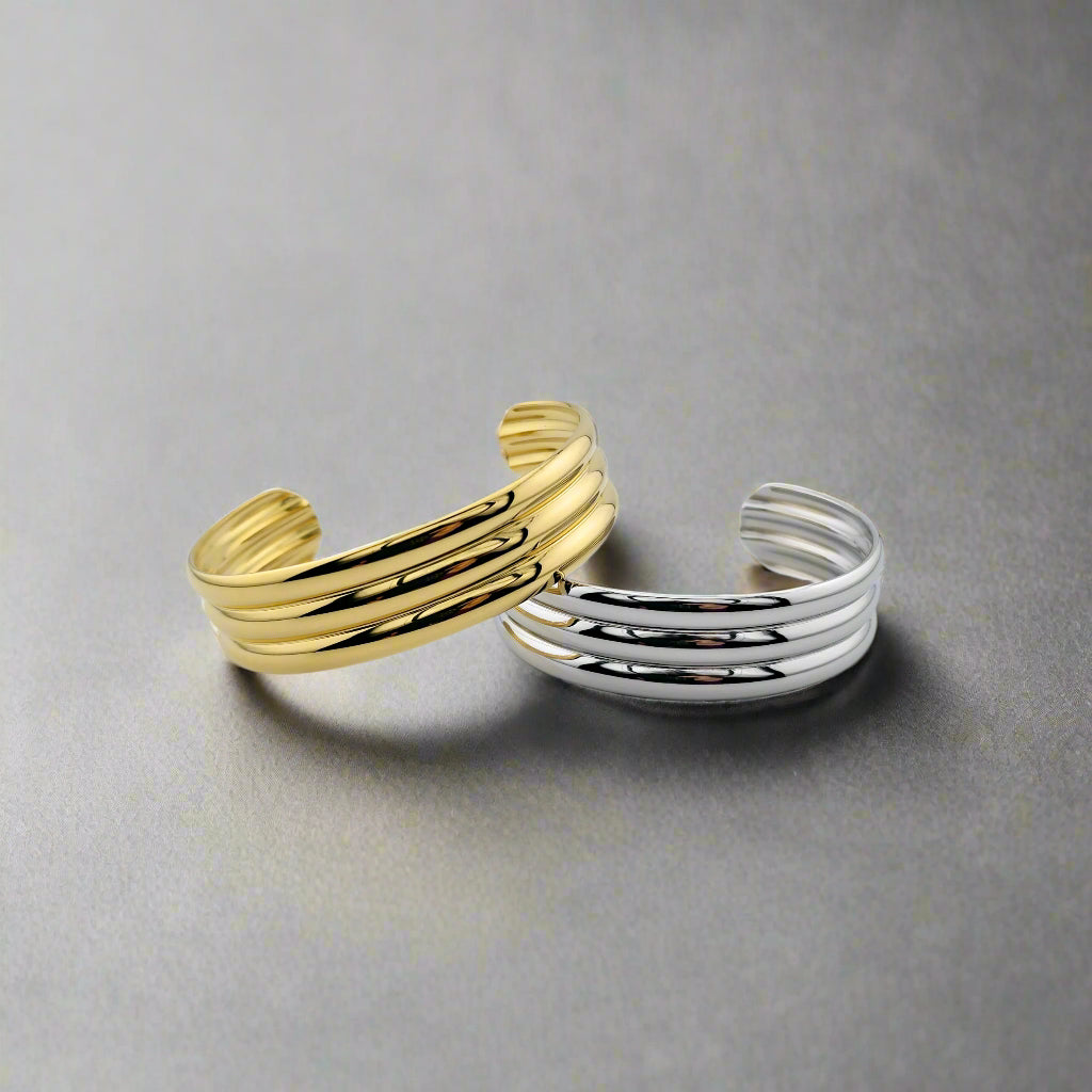 Olympia - Three Stack Rounded Gold Plated Stainless Steel Cuff Bracelet