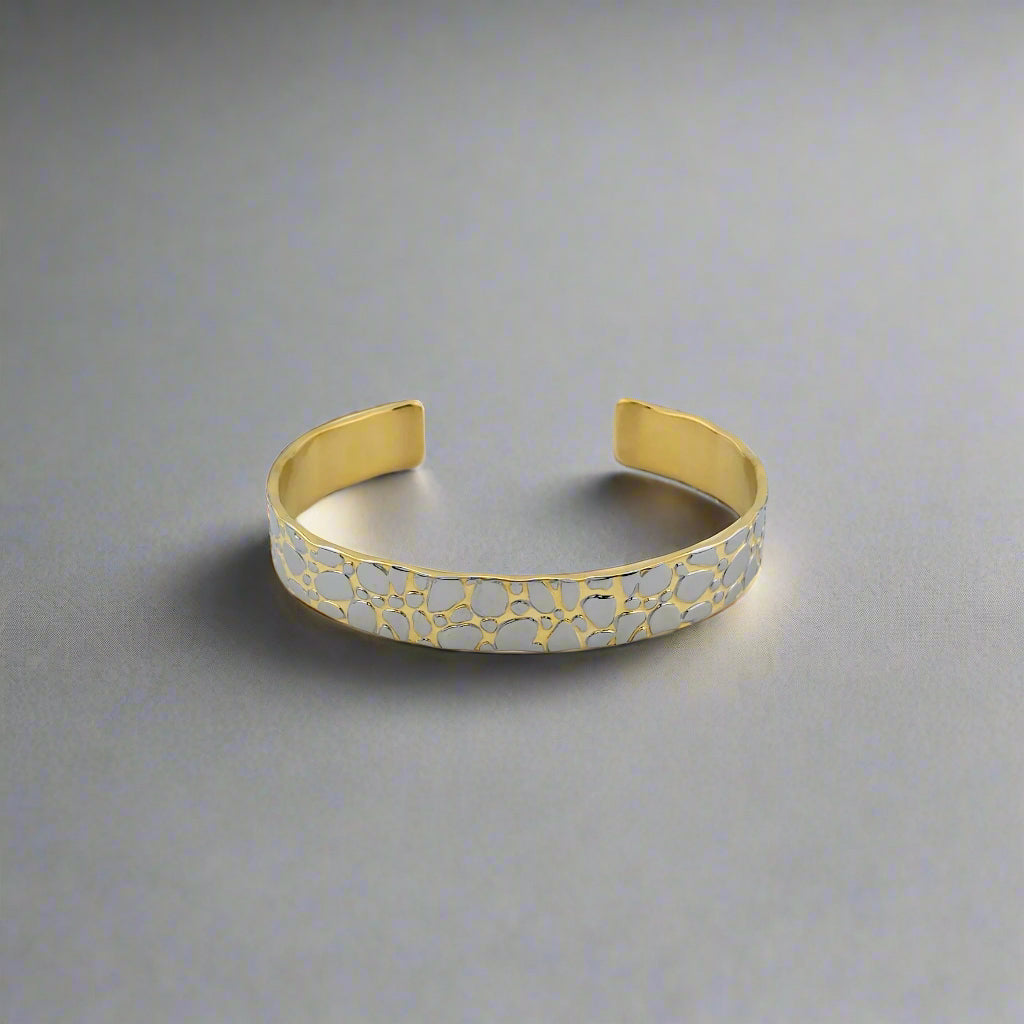 Pebble - Two Tone Pattern Gold Pleated Stainless Steel Cuff Bracelet