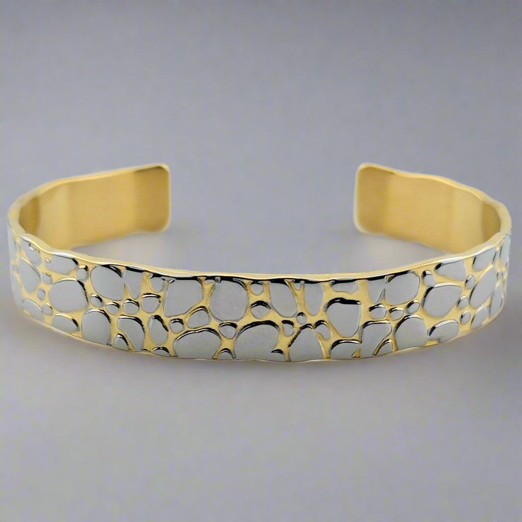 Pebble - Two Tone Pattern Gold Pleated Stainless Steel Cuff Bracelet