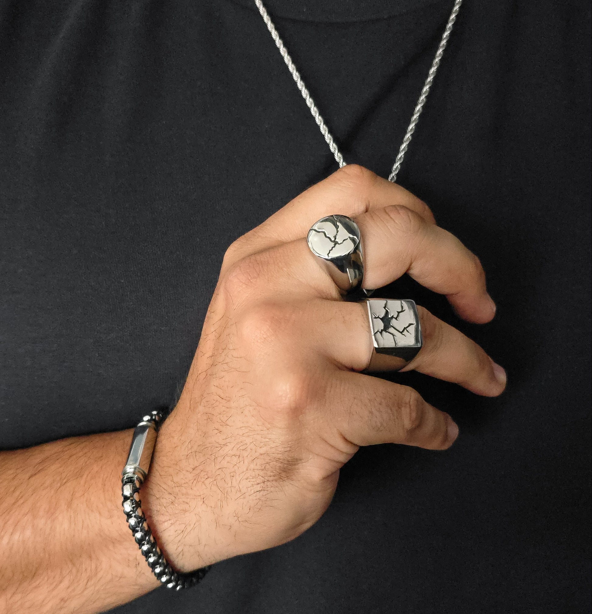 Urushitsugi_-_Broke_Stainless_Steel_Square_Signed_Ring model shoot