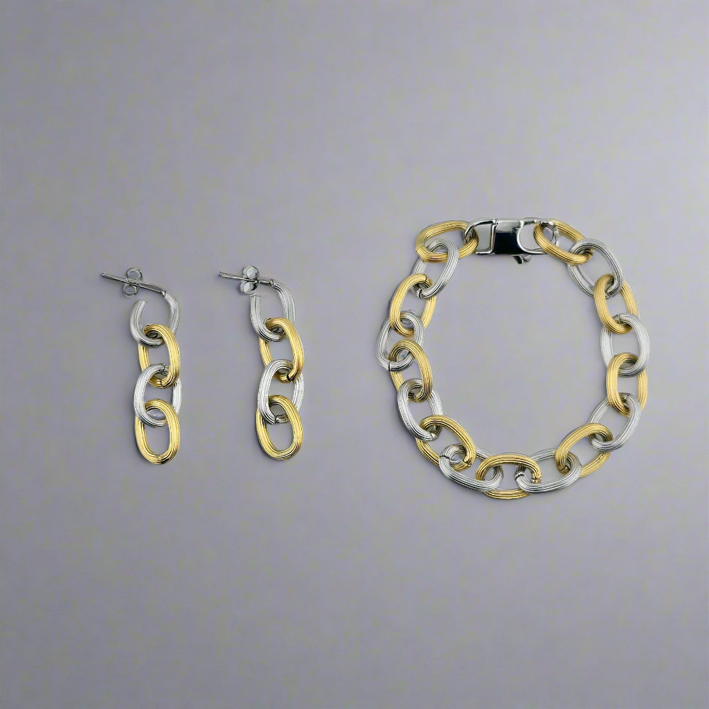 Verona - Vintage Two Tone Chain Gold Plated Bracelet and Earrings