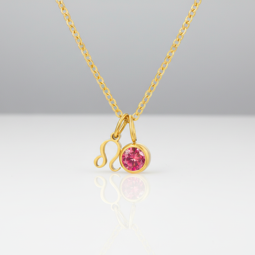 Gold necklace with a pink gemstone pendant on a white background