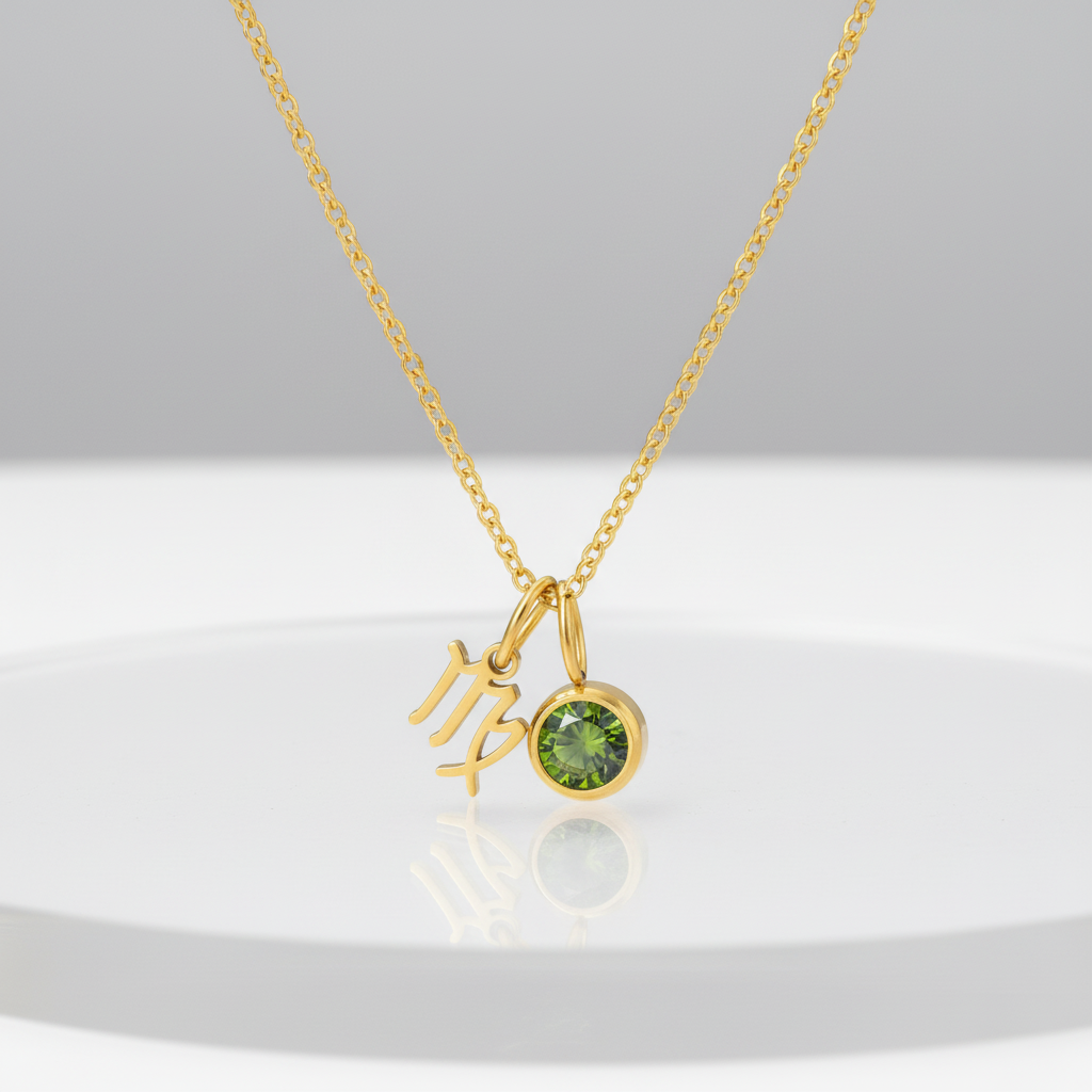 Gold necklace with a green gemstone pendant on a white background