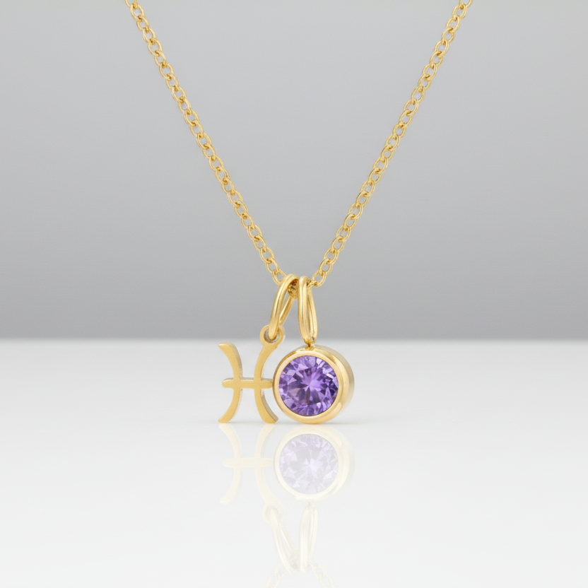 Gold necklace with a Pisces symbol and a purple gemstone on a white background